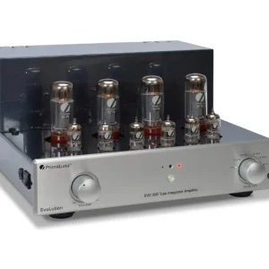 PrimaLuna EVO 300 Integrated màu bạc góc nghiêng với ống EL34 và 12AU7 trên mặt phản quang
