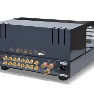 Góc nghiêng mặt sau PrimaLuna EVO 300 Integrated với binding post vàng và lồng bảo vệ ống đèn