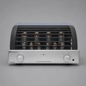 Amply tích hợp đèn PrimaLuna EVO 300 mặt trước bạc với núm Volume Selector và lồng bảo vệ ống đèn