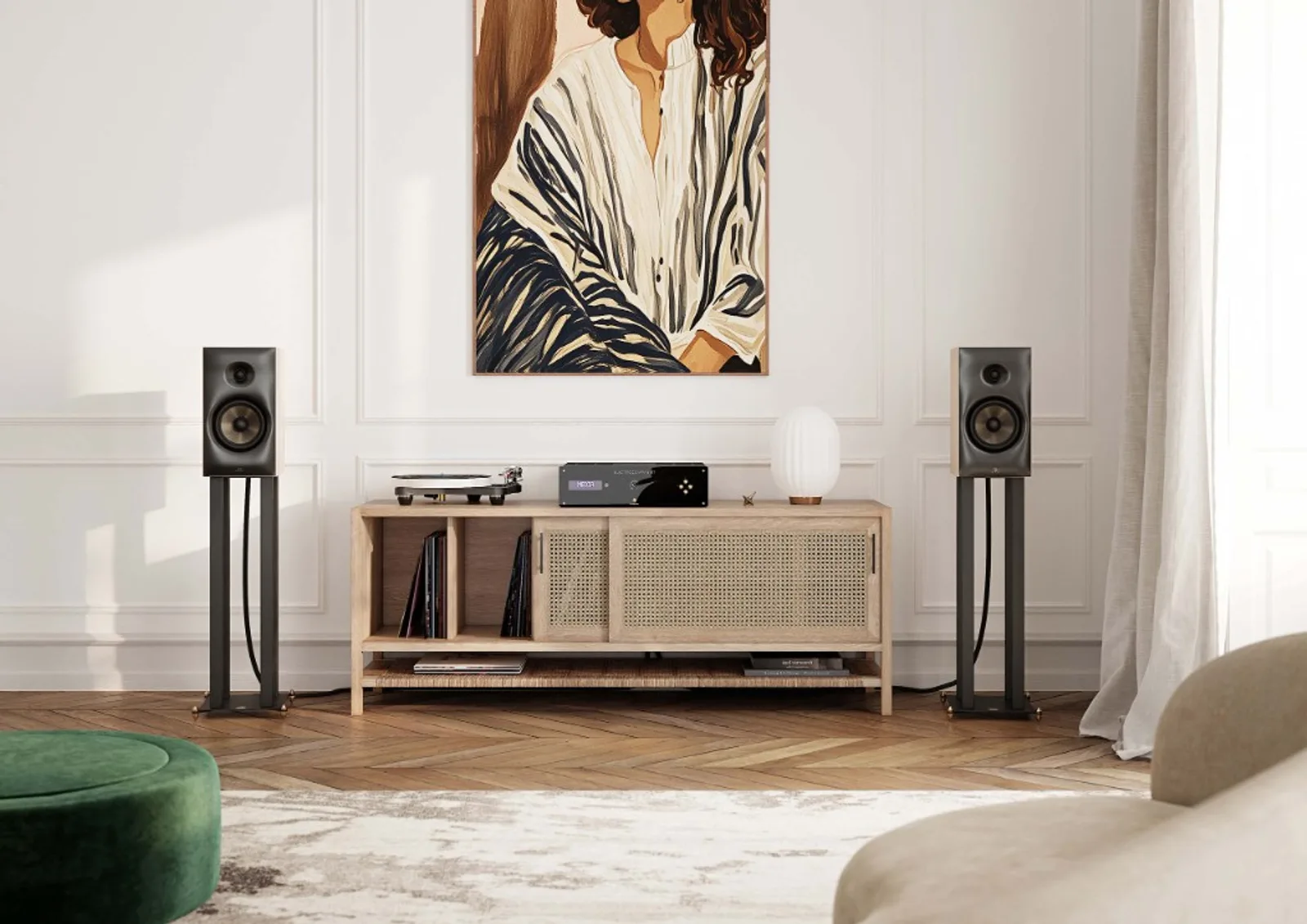 Cặp loa bookshelf Revival Audio SPRINT 3 trên chân đế hai bên kệ máy nghe nhạc trong phòng khách hiện đại