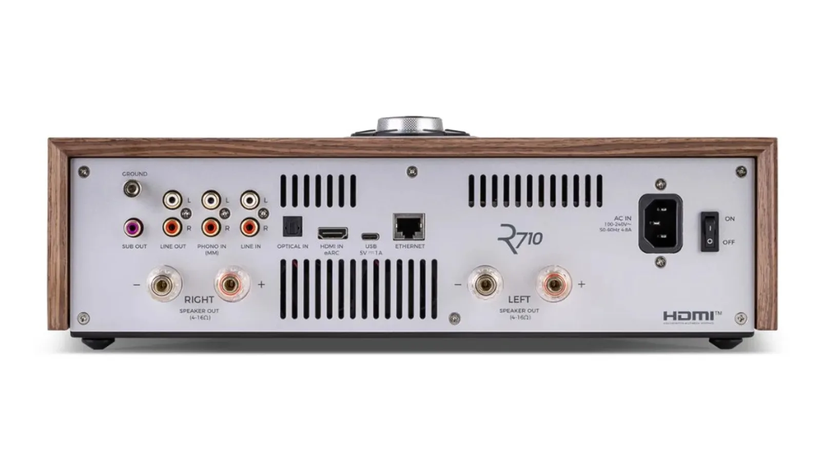 Mặt sau Ruark R710: phono MM, line in/out, sub out, optical, HDMI eARC, USB-C, Ethernet, loa 4-16 ohm và nguồn AC
