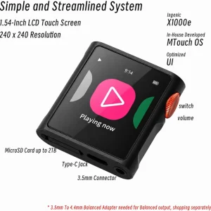 Infographic Shanling M0 Pura: màn 1.54 inch, núm đỏ, microSD 2TB, USB-C và jack 3.5mm, MTouch OS