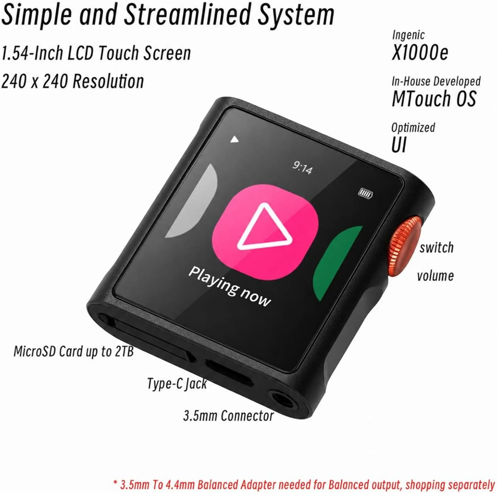 Infographic Shanling M0 Pura: màn 1.54 inch, núm đỏ, microSD 2TB, USB-C và jack 3.5mm, MTouch OS