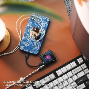 Shanling M0 Pura làm USB DAC kết nối smartphone qua USB-C và tai nghe IEM trên bàn da nâu