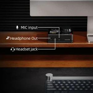 SMSL Nano One đen dưới màn hình, callout jack tai nghe HO, headset HO MIC và mic MIC