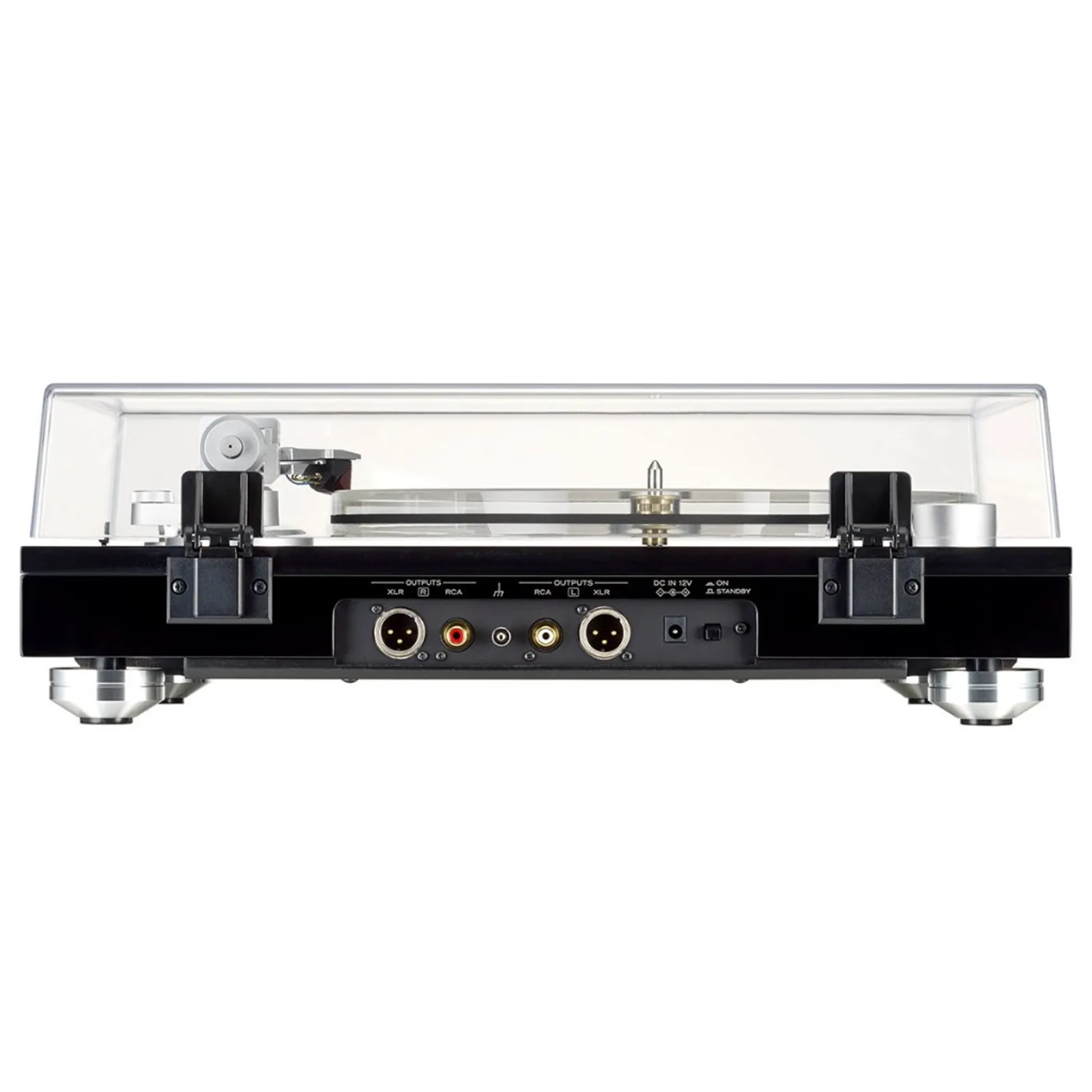 Mặt sau TEAC TN-5BB với cổng XLR balanced, RCA L/R, GND, nguồn DC 12V và nút nguồn, nắp bụi acrylic