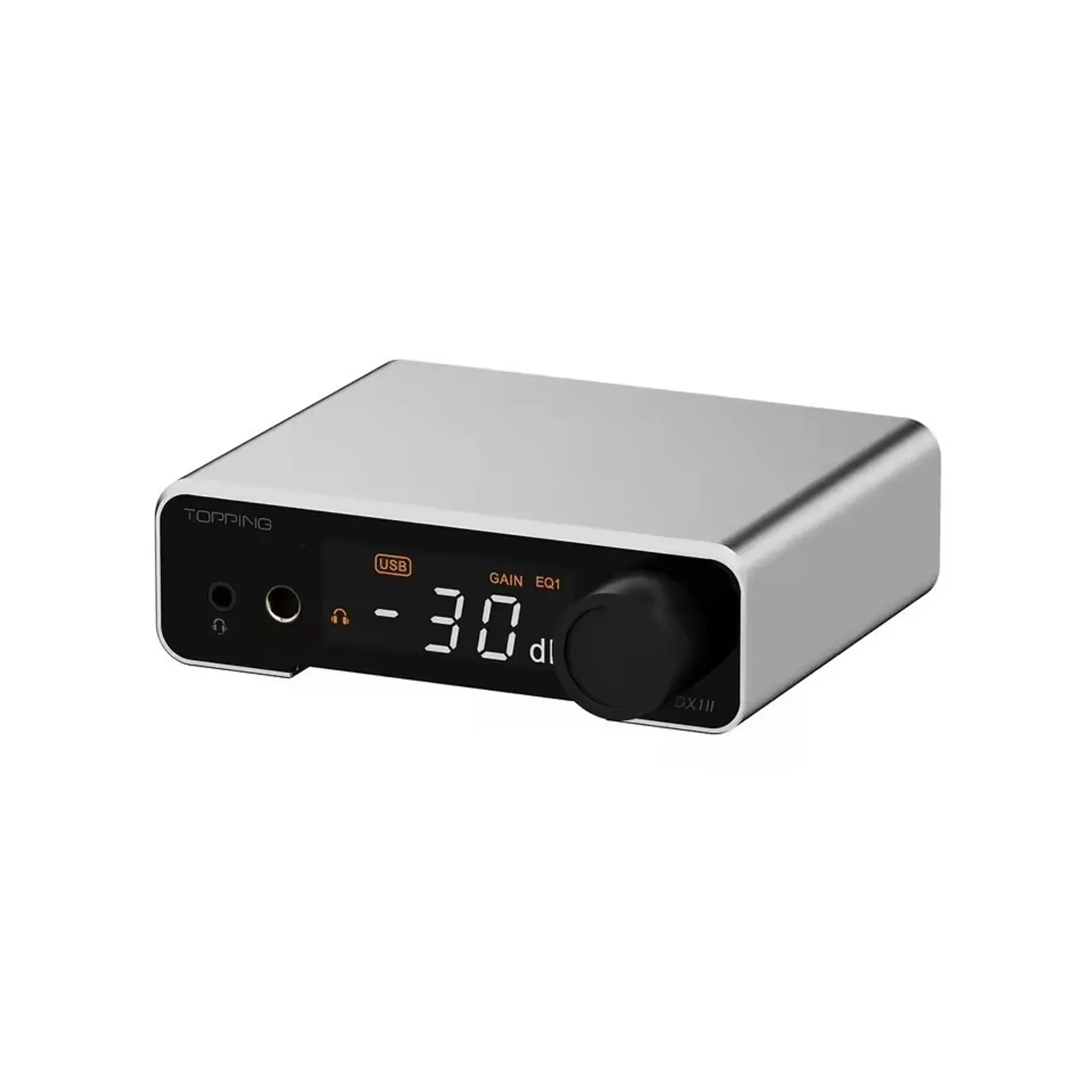 Topping DX1 II màu đen với màn OLED hiển thị -30 dB, cổng tai nghe 3,5 mm và 6,35 mm