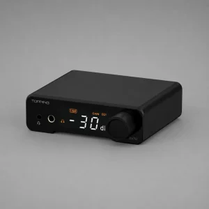 Mặt trước Topping DX1 II màu đen góc 3/4, màn hiển thị -30 dB, jack 3.5mm và 6.35mm, núm volume