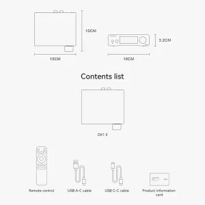Kích thước Topping DX1 II 10×10×3,2 cm và phụ kiện remote dây USB thẻ thông tin