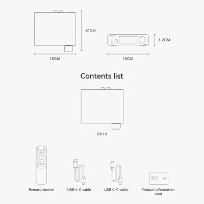 Kích thước Topping DX1 II 10×10×3,2 cm và phụ kiện remote dây USB thẻ thông tin