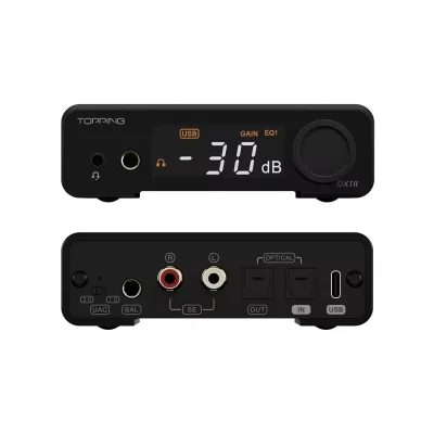 Topping DX1 II mặt trước với màn và cổng tai nghe, mặt sau có RCA optical USB-C và công tắc UAC