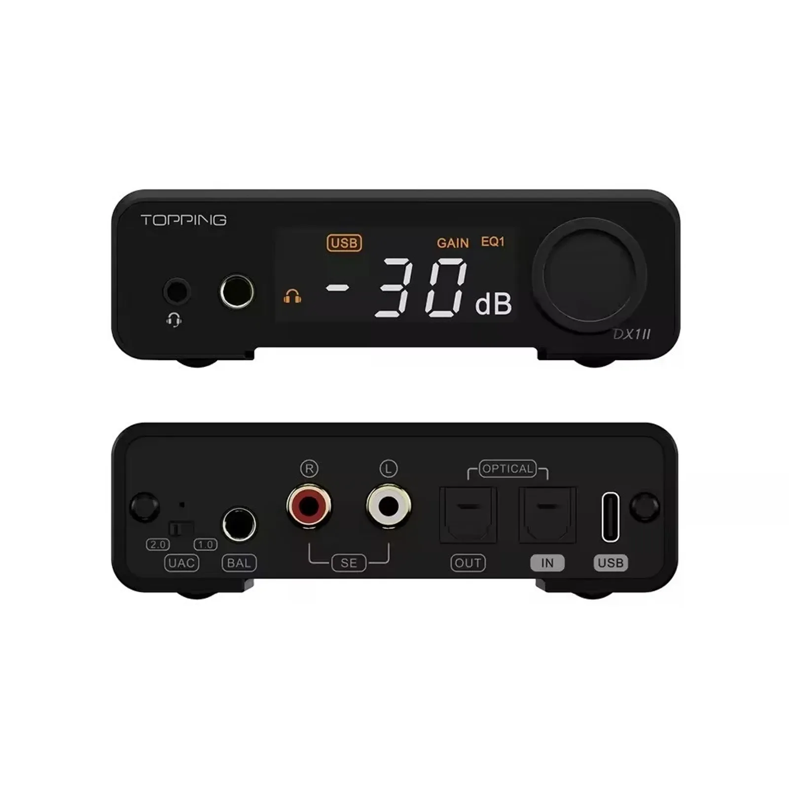 Topping DX1 II mặt trước với màn và cổng tai nghe, mặt sau có RCA optical USB-C và công tắc UAC