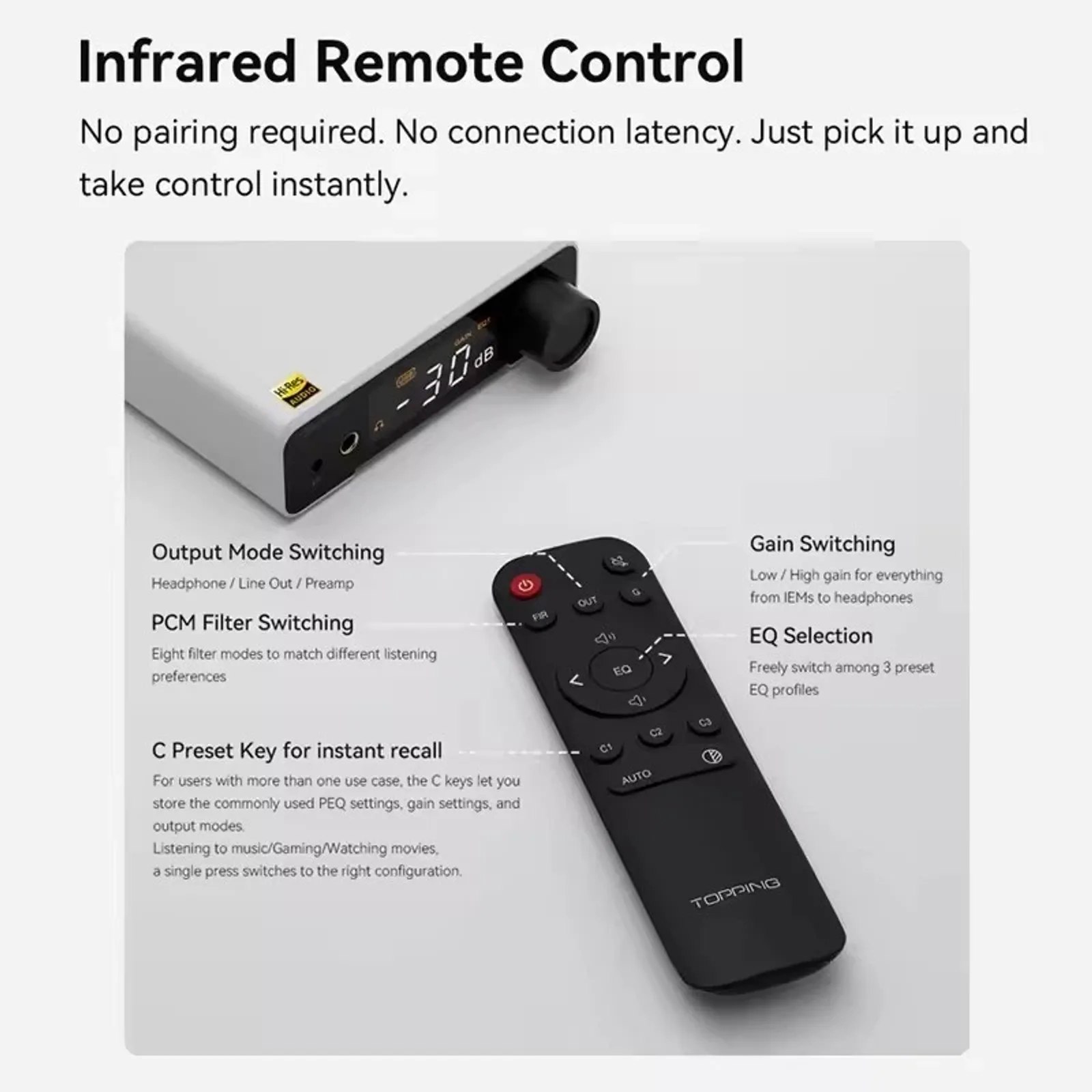 Remote hồng ngoại Topping DX1 II điều khiển gain EQ output mode và preset C1 C2 C3
