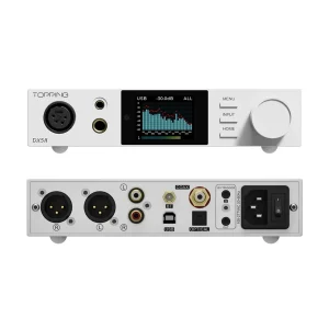 Mặt trước và mặt sau Topping DX5 II bạc: màn spectrum USB, XLR/RCA out, USB coax optical và nguồn AC