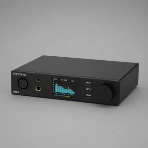 Góc 3/4 mặt trước Topping DX5 II đen, màn spectrum USB -30dB, jack XLR balanced và núm volume