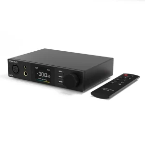 Topping DX5 II màu đen với màn USB PCM 48kHz, jack XLR và 6.35mm, kèm điều khiển RC-15A trên nền trắng