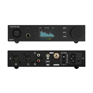 Mặt trước và mặt sau Topping DX5 II đen: màn spectrum, jack XLR/3.5/6.35mm, cổng digital và trigger 12V