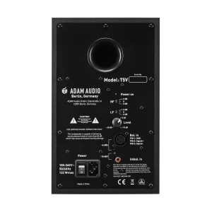 ADAM Audio T5V mặt sau: bass reflex, XLR/RCA, EQ HF/LF, nguồn IEC