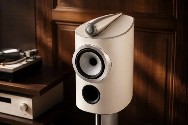 Bowers & Wilkins 805 D5 trắng trên chân đứng trong phòng nghe, nền gỗ tối và rack âm thanh