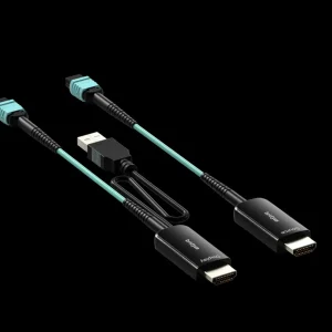 Cáp quang Bridgee HDMI 2.1 MPO với đầu HDMI Source Display, đầu MPO xanh và USB cấp nguồn