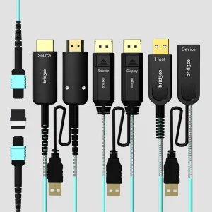 Dòng cáp quang Bridgee Steel Armored MPO với đầu HDMI DisplayPort USB và giáp thép bạc