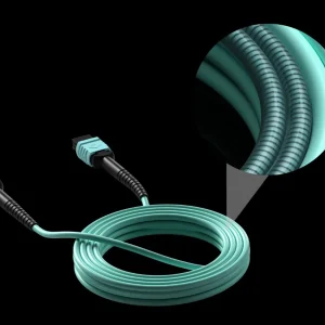 Cuộn cáp quang Bridgee Steel Armored MPO màu teal với cắt ngang lộ giáp thép và hai đầu MPO