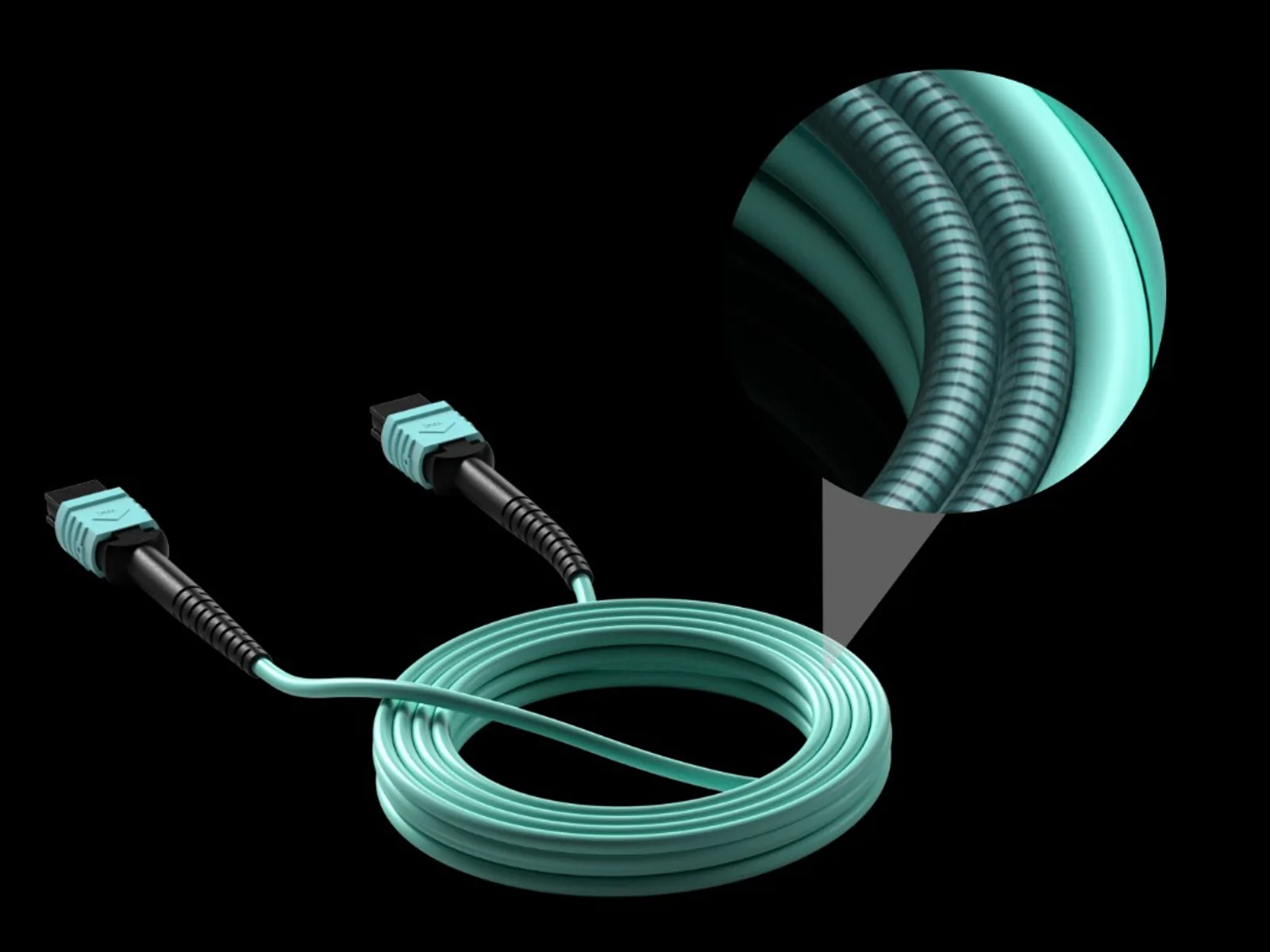 Cuộn cáp quang Bridgee Steel Armored MPO màu teal với cắt ngang lộ giáp thép và hai đầu MPO