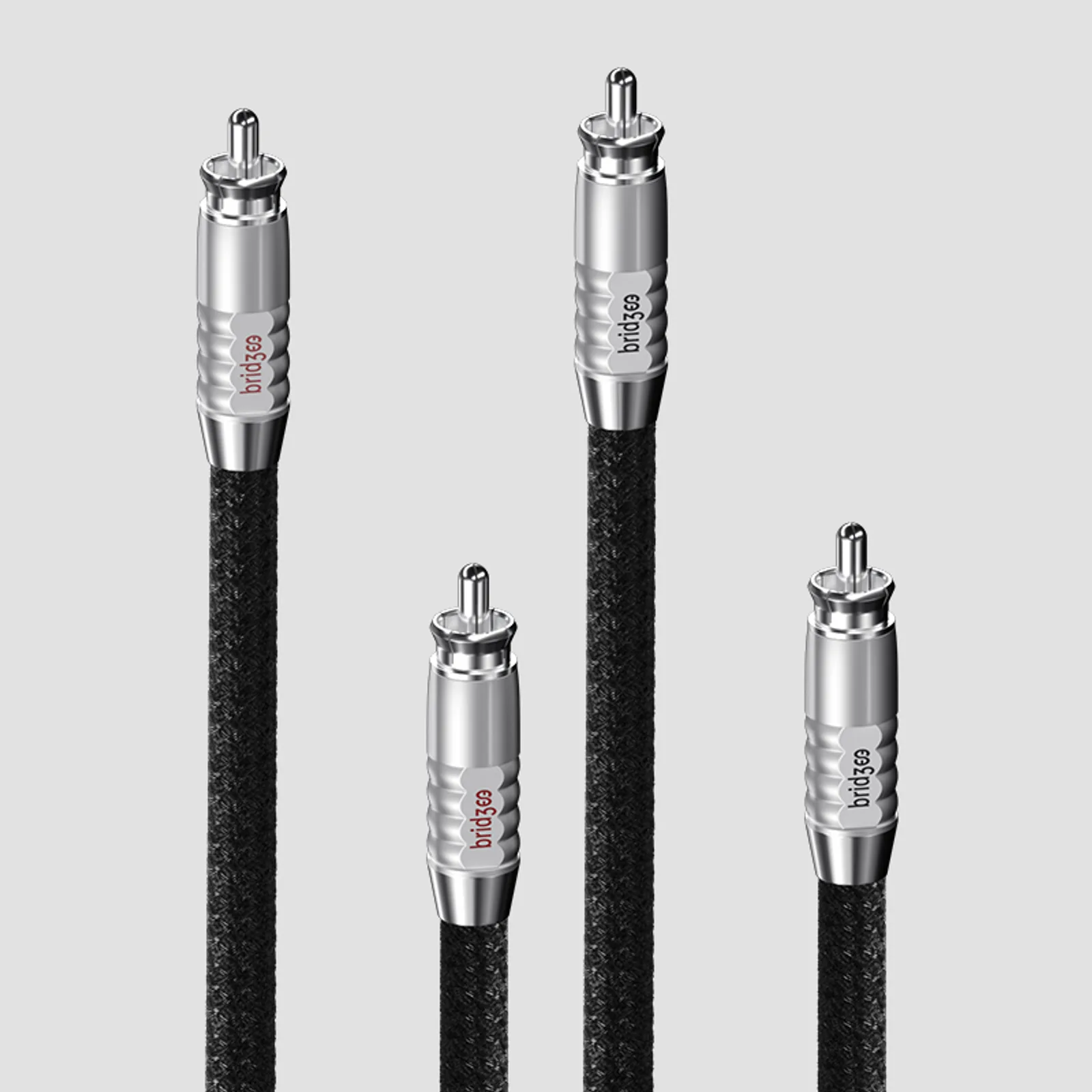 Bốn đầu jack Bridgee XCS-RCA bạc, cáp bện đen, nhãn brid3ee đỏ và đen phân kênh trái phải