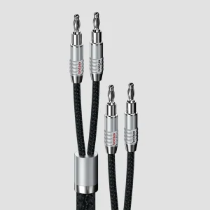Dây loa Bridgee XCS-SPK13x2 đầu banana bạc, cáp bện đen và ống chia Y kim loại