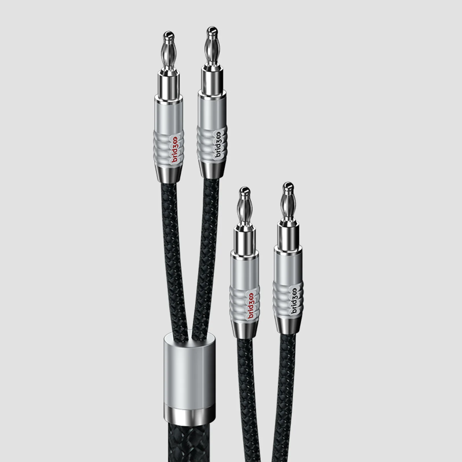 Dây loa Bridgee XCS-SPK13x2 đầu banana bạc, cáp bện đen và ống chia Y kim loại