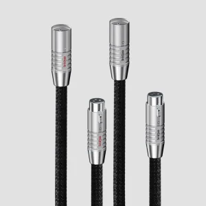 Bốn đầu jack Bridgee XCS-XLR bạc: male và female, cáp bện đen, logo bridgee chữ e đỏ