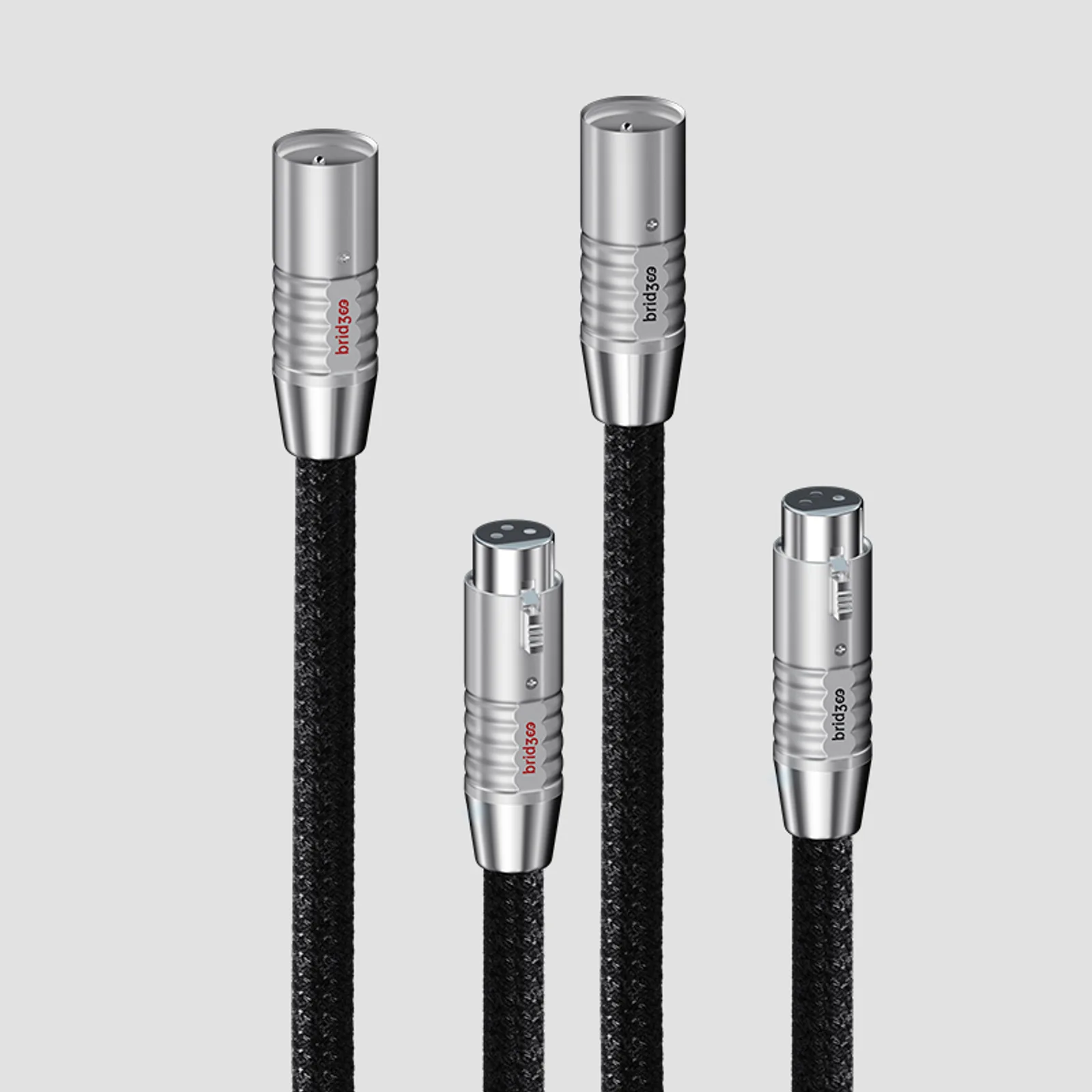 Bốn đầu jack Bridgee XCS-XLR bạc: male và female, cáp bện đen, logo bridgee chữ e đỏ