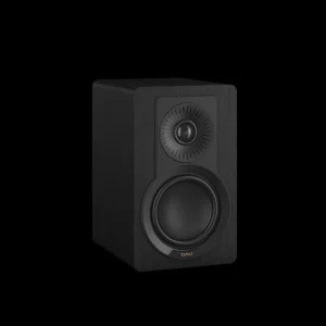 Loa DALI KUPID Black Ash góc nghiêng, vỏ vân gỗ đen và củ loa sợi gỗ