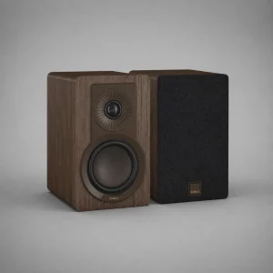 Cặp loa DALI KUPID Dark Walnut, một chiếc tháo lưới và một chiếc lắp lưới