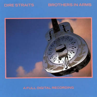 Bìa album Dire Straits Brothers in Arms 1985: guitar National trên nền xanh