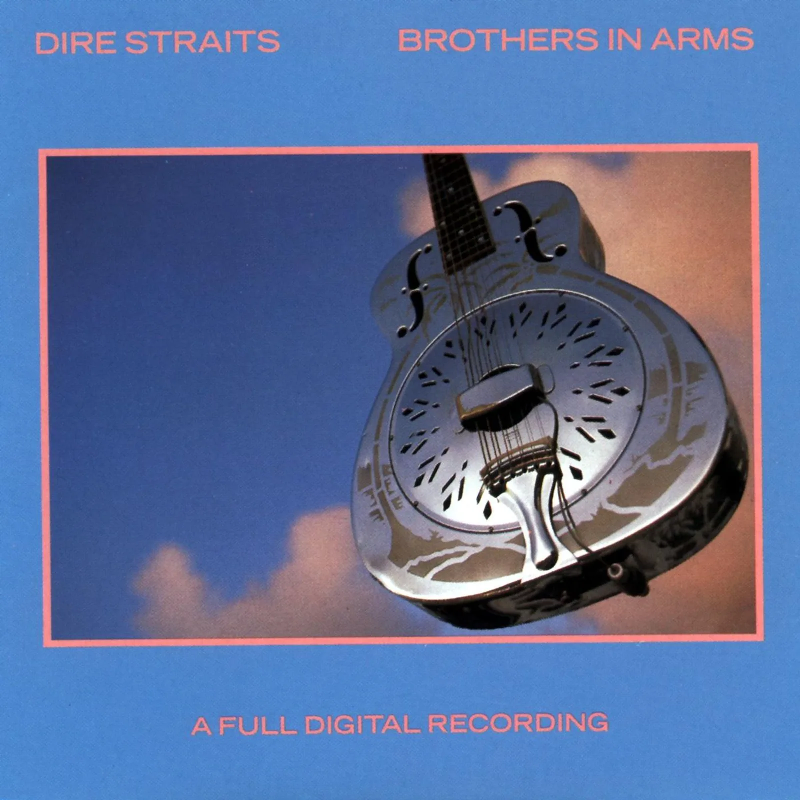 Bìa album Dire Straits Brothers in Arms 1985: guitar National trên nền xanh