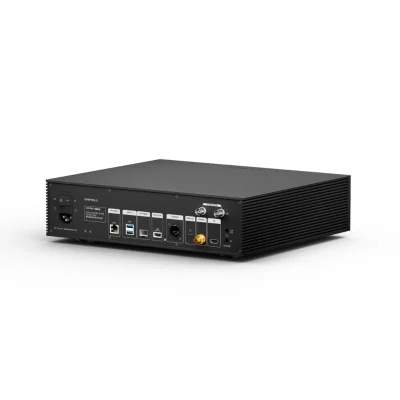 Cận cảnh mặt sau Eversolo T10 với cổng Ethernet kép, USB cách ly, SFP, AES EBU và clock BNC