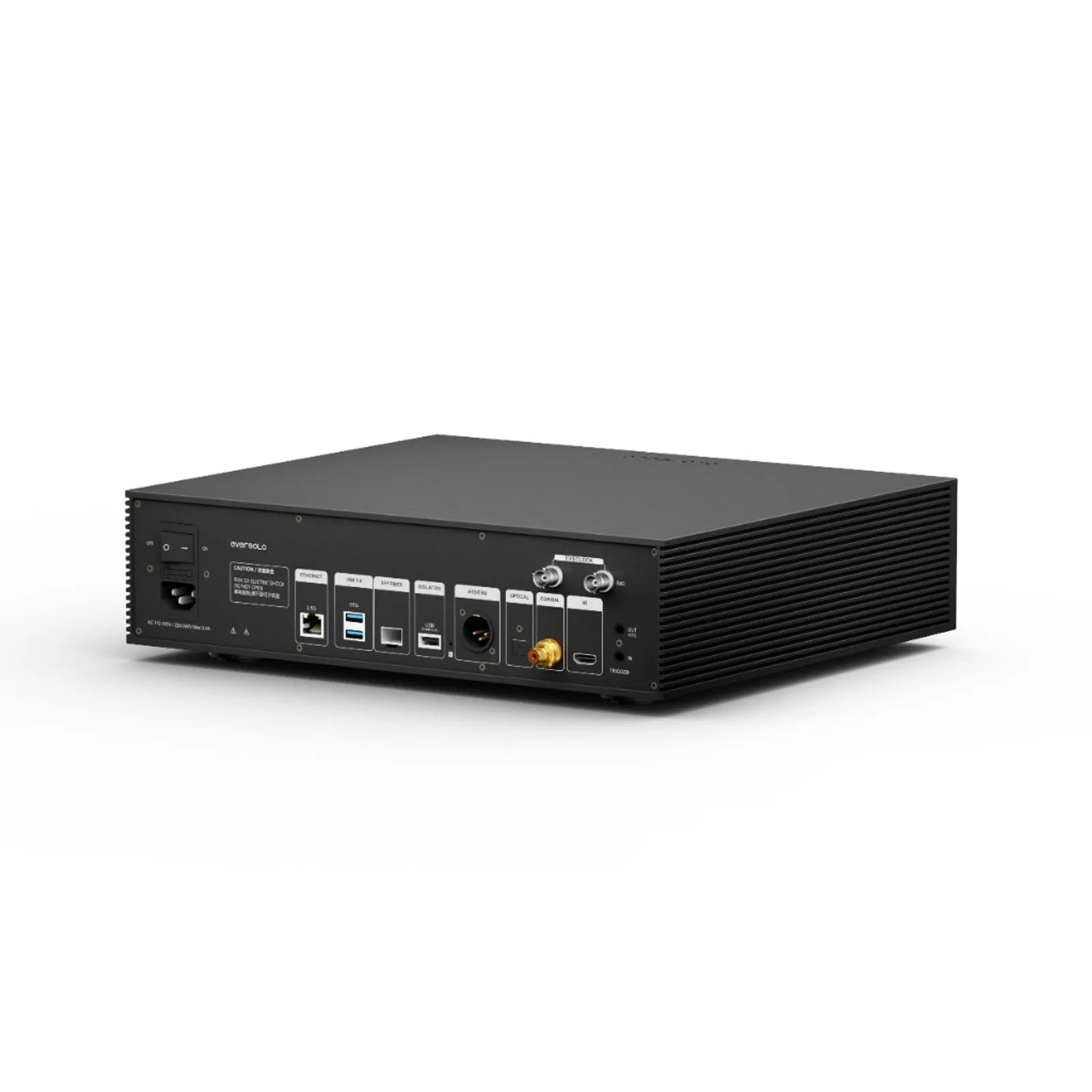 Cận cảnh mặt sau Eversolo T10 với cổng Ethernet kép, USB cách ly, SFP, AES EBU và clock BNC