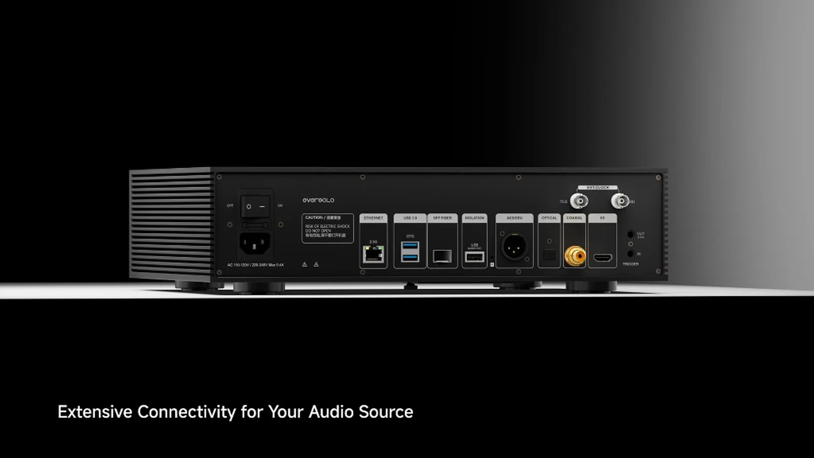 Mặt sau Eversolo T10: Ethernet 2.5G, SFP fiber, USB 3.0, IIS HDMI, AES coax optical, clock 10MHz và trigger