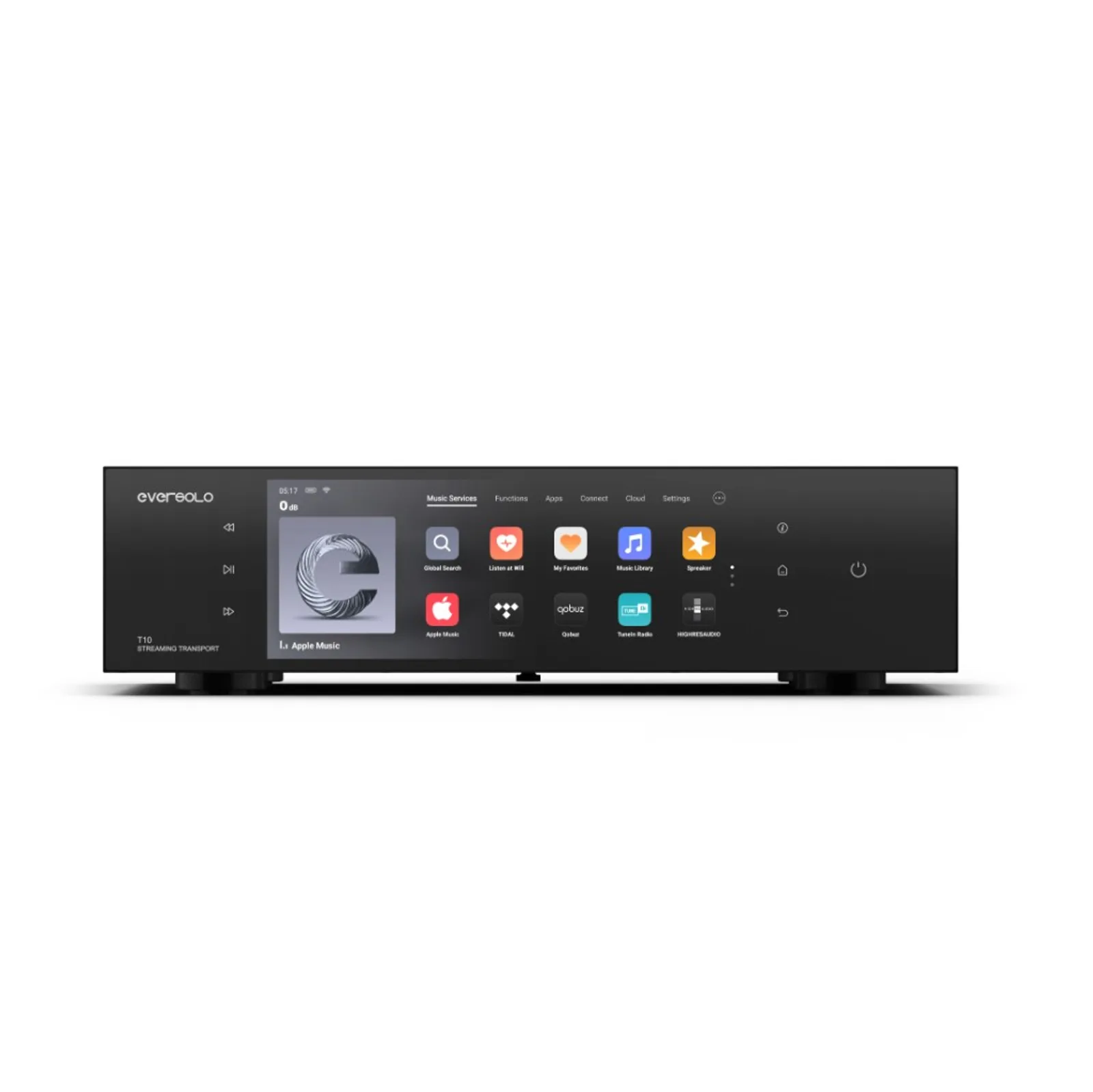 Eversolo T10 Streaming Transport mặt trước, màn 8,6 inch hiển thị TIDAL Qobuz Apple Music và dịch vụ streaming