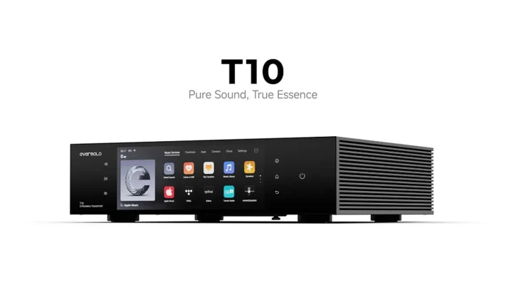 Eversolo T10 Streaming Transport màu đen với màn cảm ứng, slogan Pure Sound True Essence