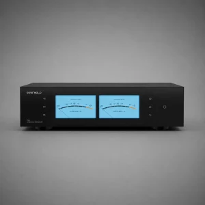 Eversolo T10 mặt trước với hai đồng hồ VU digital màu xanh và nút điều khiển cảm ứng