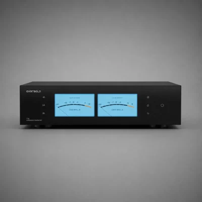 Eversolo T10 mặt trước với hai đồng hồ VU digital màu xanh và nút điều khiển cảm ứng