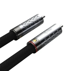 Cận cảnh jack RCA FIBBR Snowflake chrome họa tiết snowflake, chấm đỏ phân kênh phải