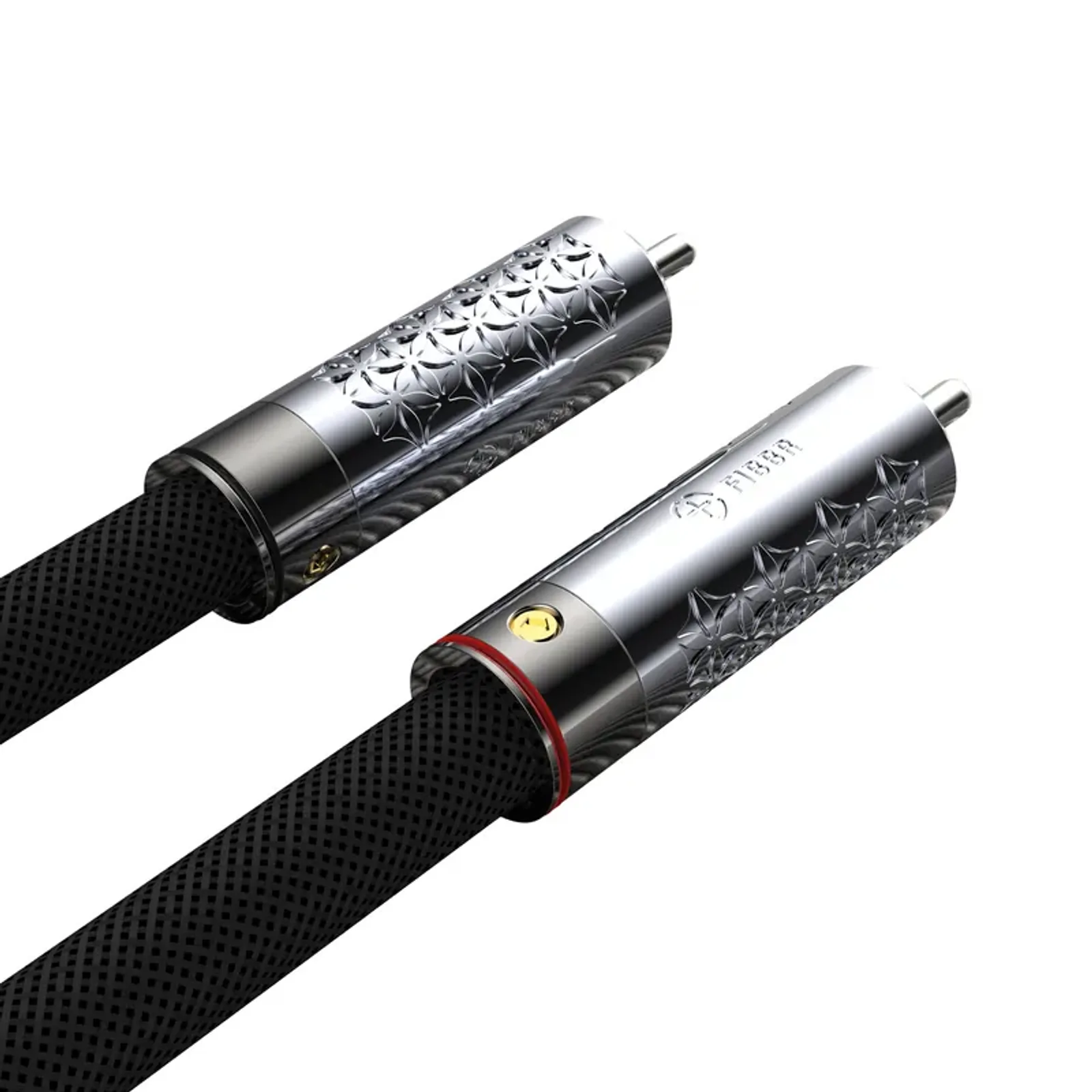 Cận cảnh jack RCA FIBBR Snowflake chrome họa tiết snowflake, chấm đỏ phân kênh phải