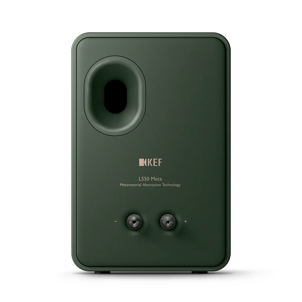 Mặt sau KEF LS50 Meta Moss Green với terminal và port