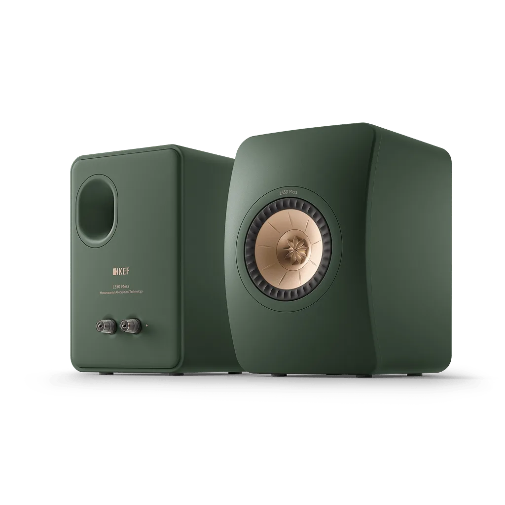 KEF LS50 Meta Moss Green góc trước và mặt sau