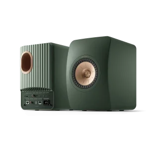 KEF LS50 Wireless II Moss Green góc trước và mặt sau