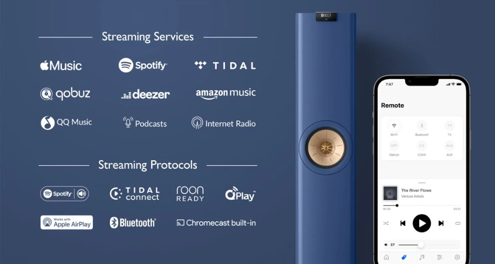 KEF LS60 Wireless Royal Blue với app và logo streaming Spotify Tidal AirPlay Chromecast
