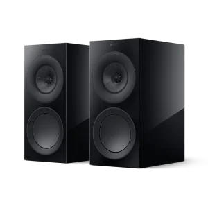 Loa bookshelf KEF R3 Meta Black Gloss góc nghiêng trên nền trắng